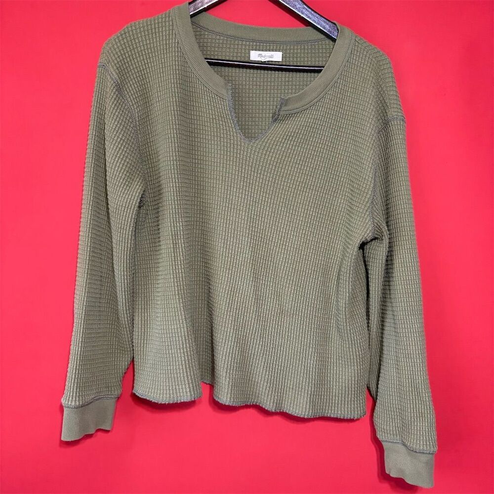 Madewell Women's Green Waffle Knit Split Neck Long Sleeve Top L